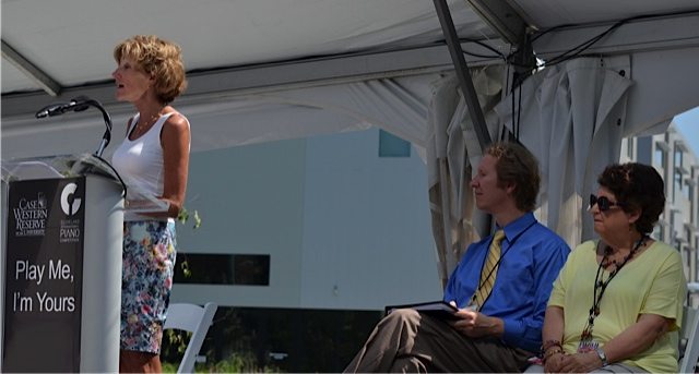 Case Western Reserve University President Barbara Snyder speaks during the launch of “Play Me, I’m Yours.”